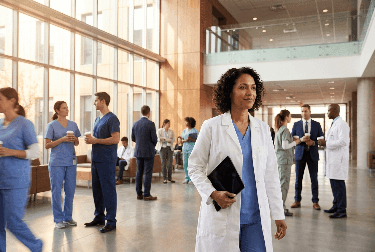 Physician reviewing patient information at bedside, representing compliant AI use in clinical care
