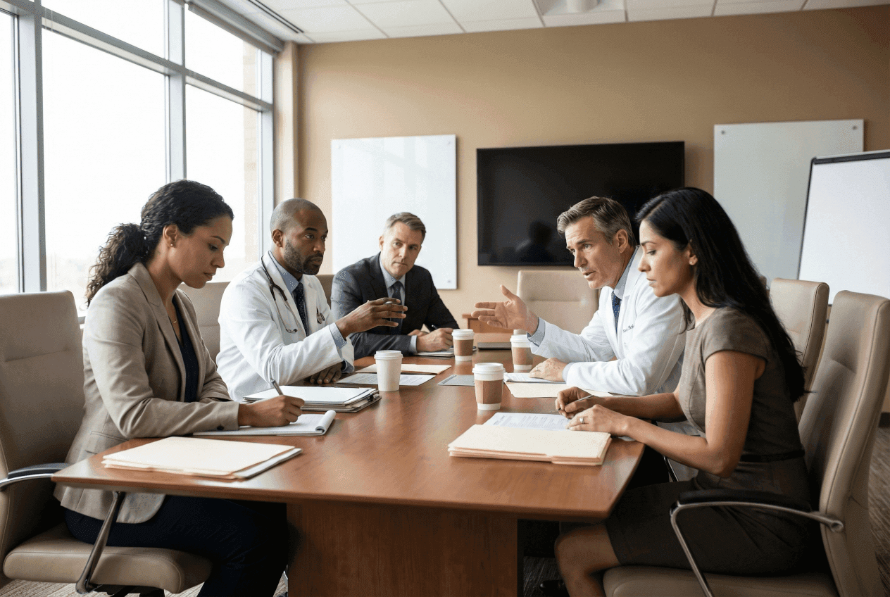 Hospital leadership team aligning on AI compliance and staff training strategy