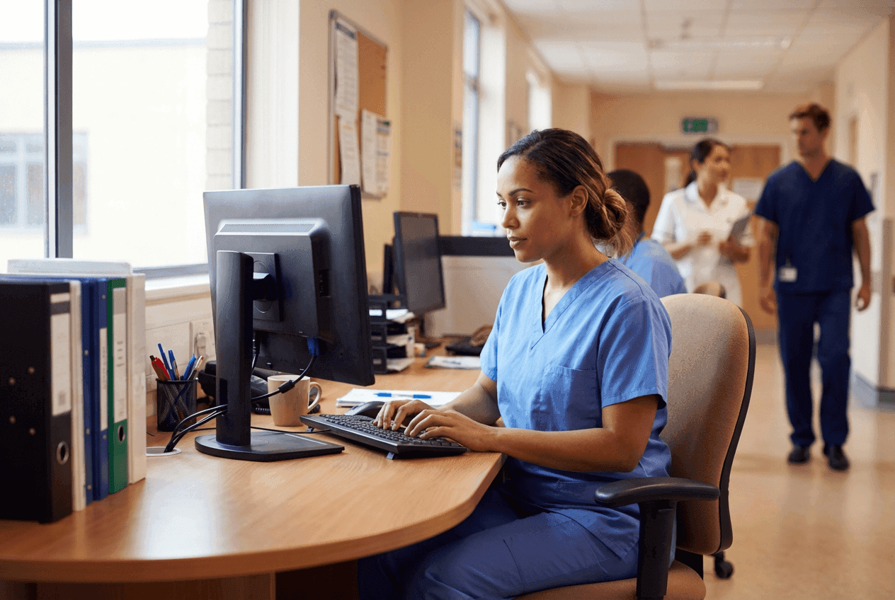 Nurse completing patient charting at hospital workstation after AI compliance training